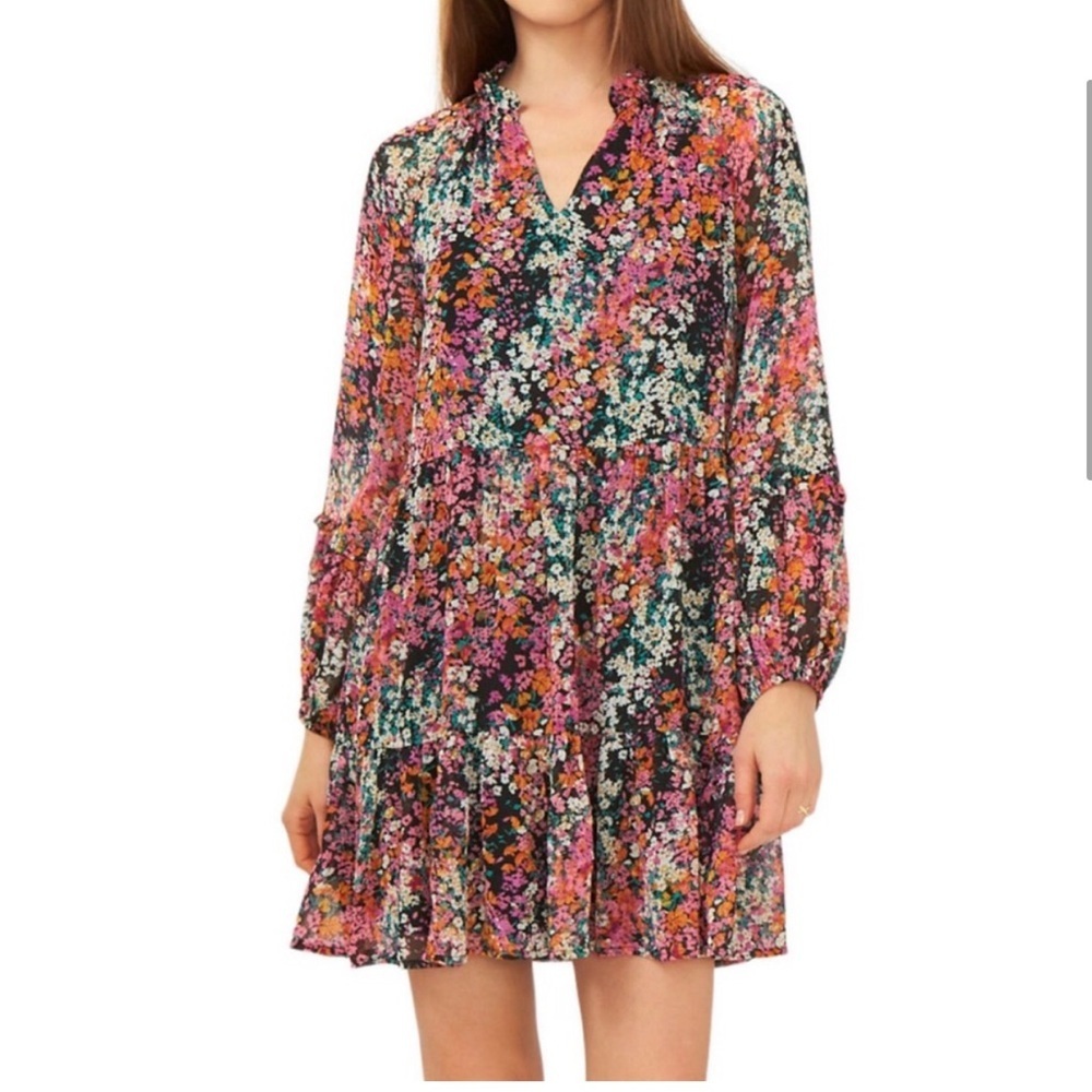 Vince Camuto Black Floral Mini Dress with Pink, Orange and Teal Accents